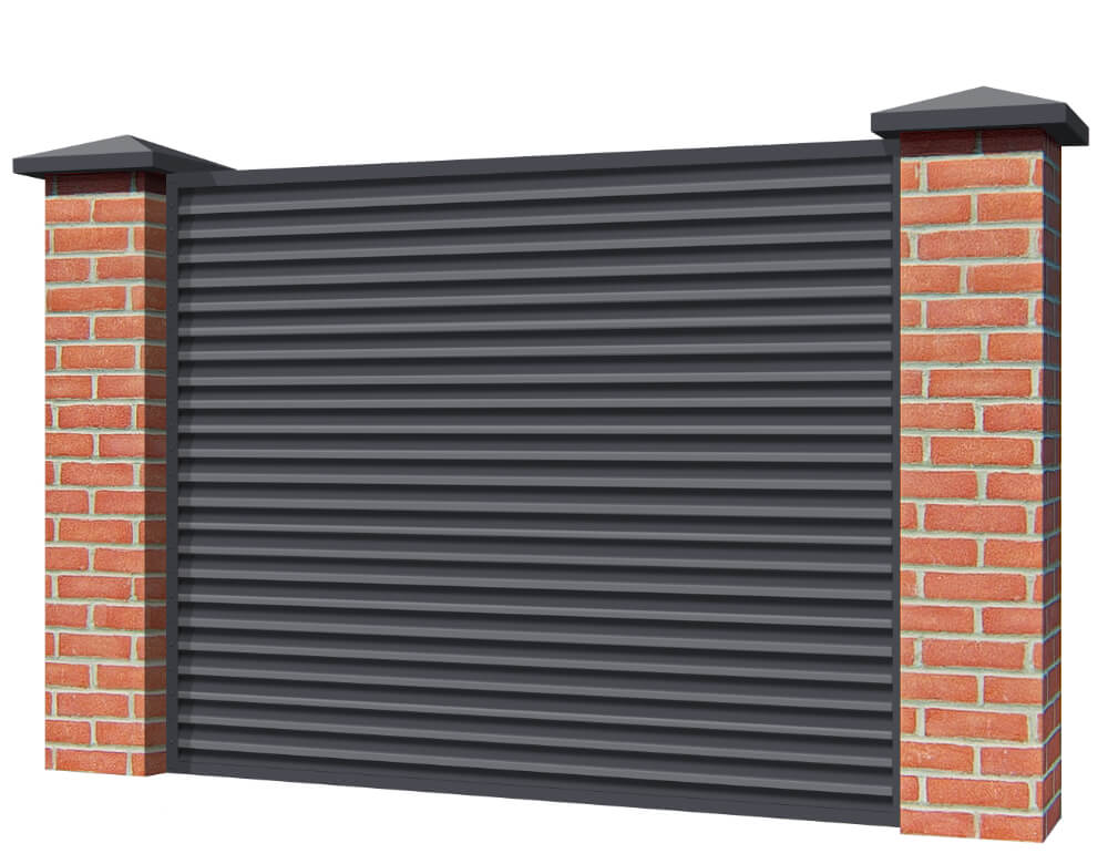 Секция забора жалюзи из ламелей Жалюзи ЭКО-Z RAL7024 Серый Графит с кирпичными столбами