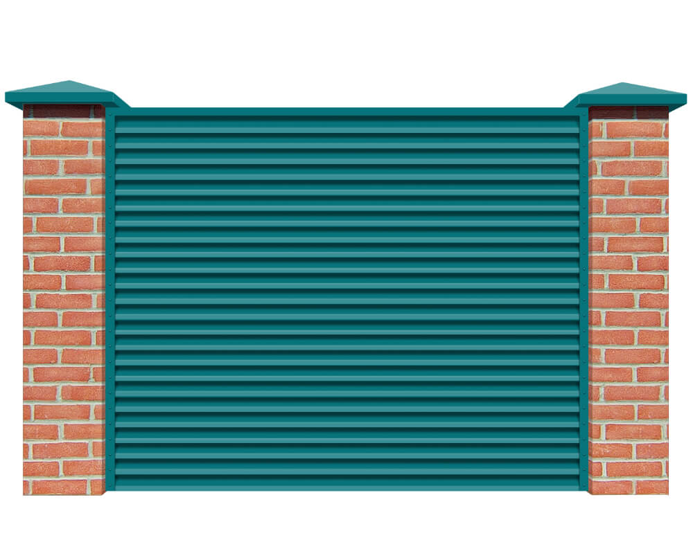 Секция забора жалюзи из ламелей Жалюзи ЭКО-Z RAL5021 морская волна с кирпичными столбами анфас