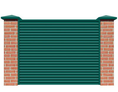 Секция забора жалюзи из ламелей Жалюзи ЭКО-Z RAL6026 Опал с кирпичными столбами анфас