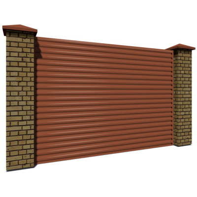 Секция забора жалюзи из ламелей еврожалюзи RAL8004 Терракотовый с кирпичными столбами