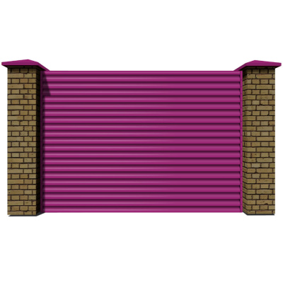 Секция забора жалюзи из ламелей еврожалюзи RAL4006 Пурпурный с кирпичными столбами анфас